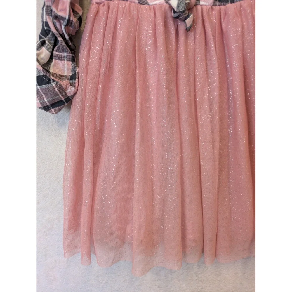 Justice Girls Size 10 Pink Plaid Button Front Tie Tutu Dress Glitter Tulle Skirt